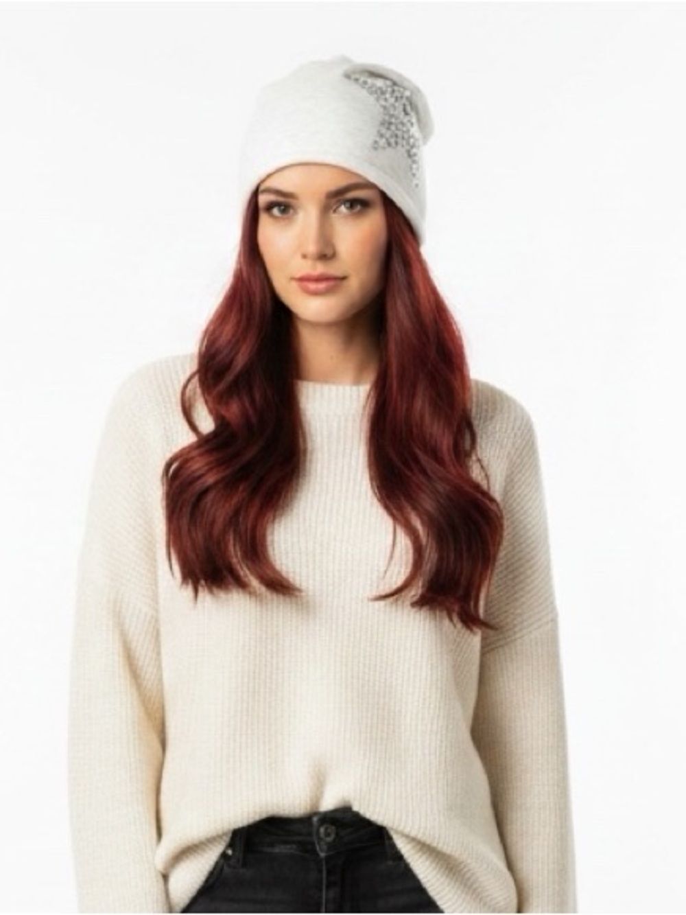 White Faux Fur Lined Silver Sequin Star Slouchy Beanie NWT